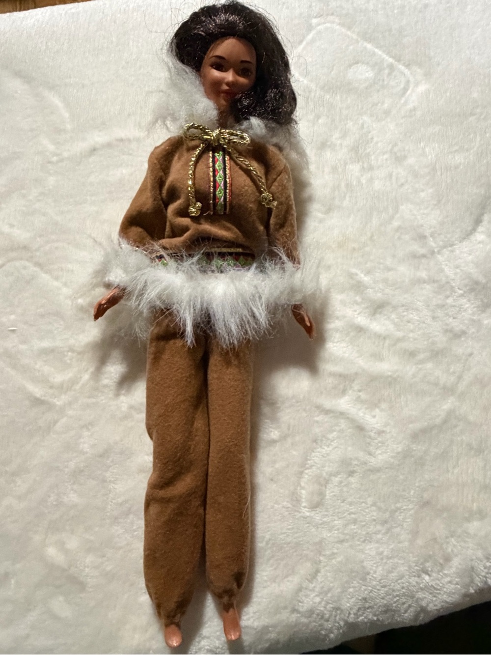 Mattel Brown and White Faux Fur Trim Doll Outfit with Gold Bow